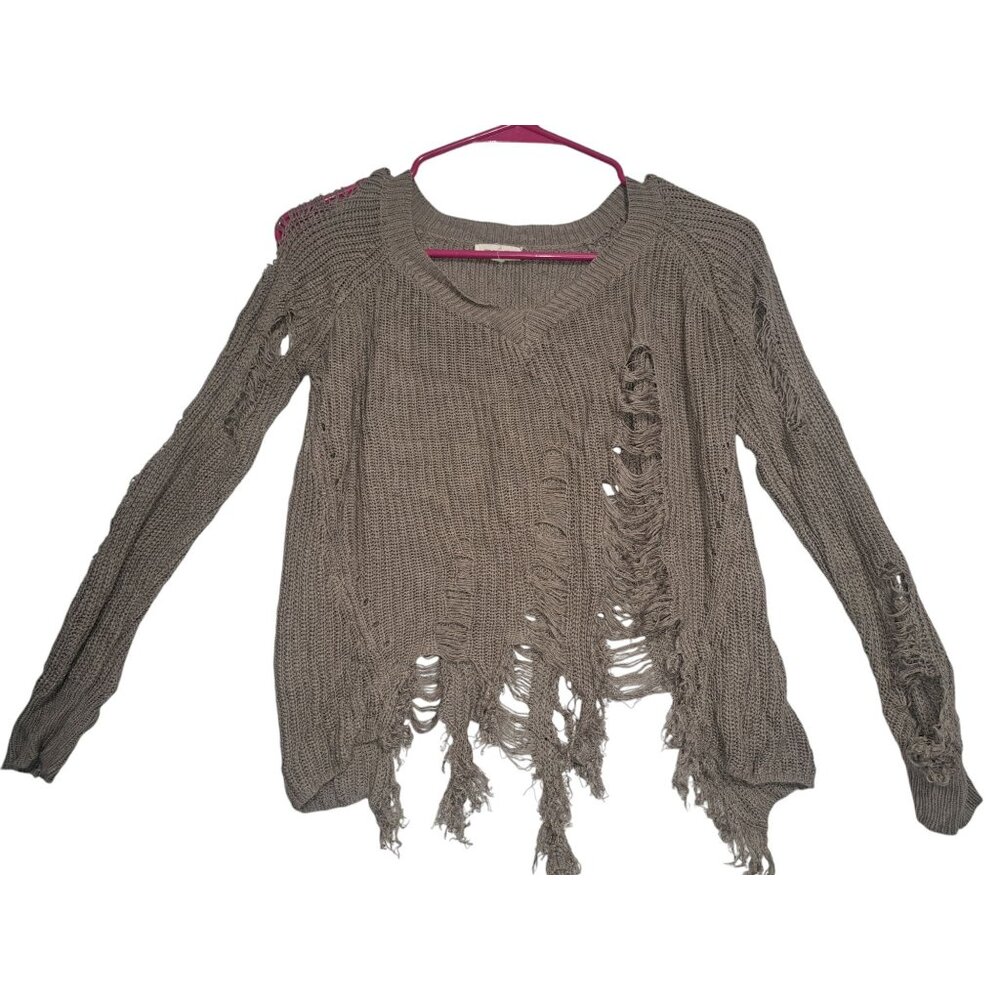 Love Sen Distressed Knit Edgy Grunge Sweater Long Sleeve V-Neck Beige Sz Small